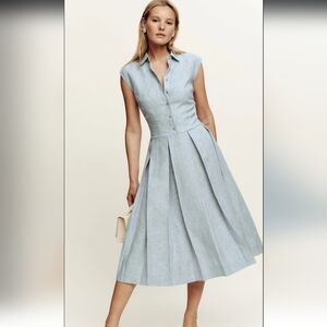 Reformation Prim Linen Blue Striped Sleeveless Dress